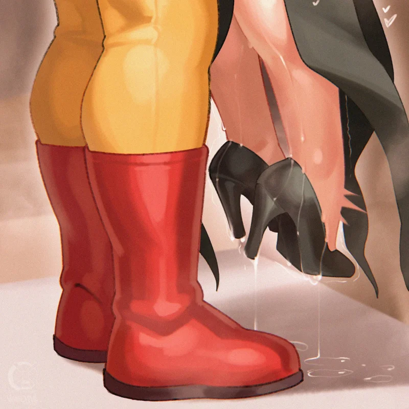 Sultry One Punch Man in red boots standing over a woman’s spread legs