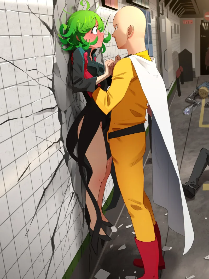 Tatsumaki pressed against wall by Saitama in One Punch Man