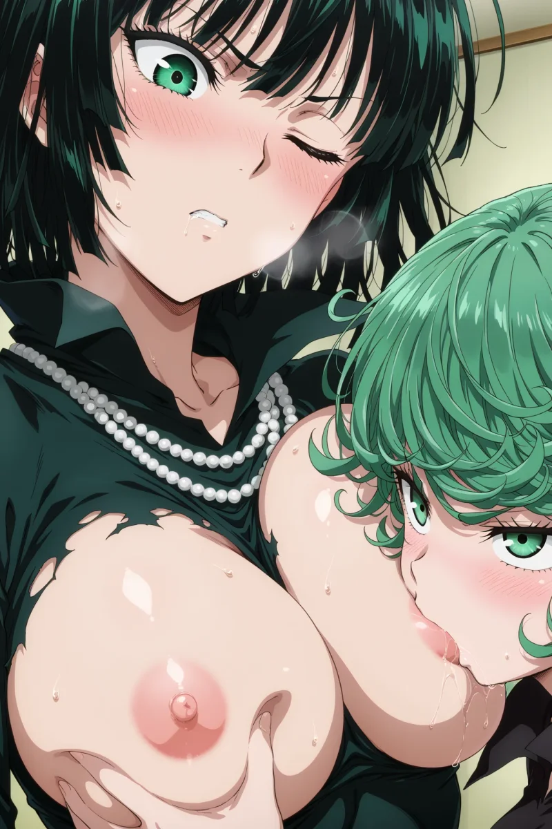 Tatsumaki sucking on Fubuki massive tits