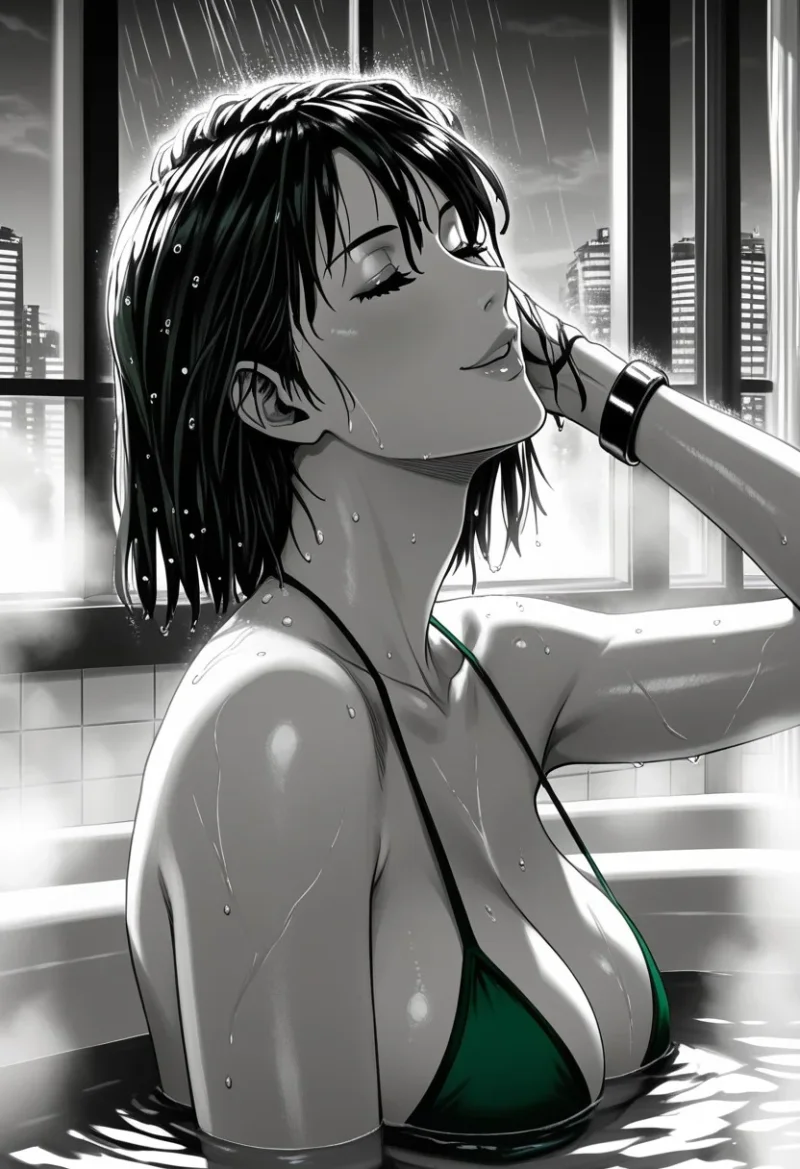 Fubuki in green bikini soaking in bath, One Punch Man