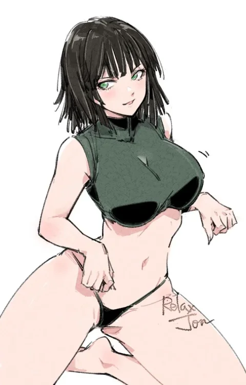 Fubuki in green top and thong, fingers in her pussy, One Punch Man