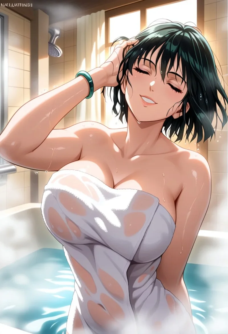 Fubuki in the bath with a towel barely covering her big tits, One Punch Man