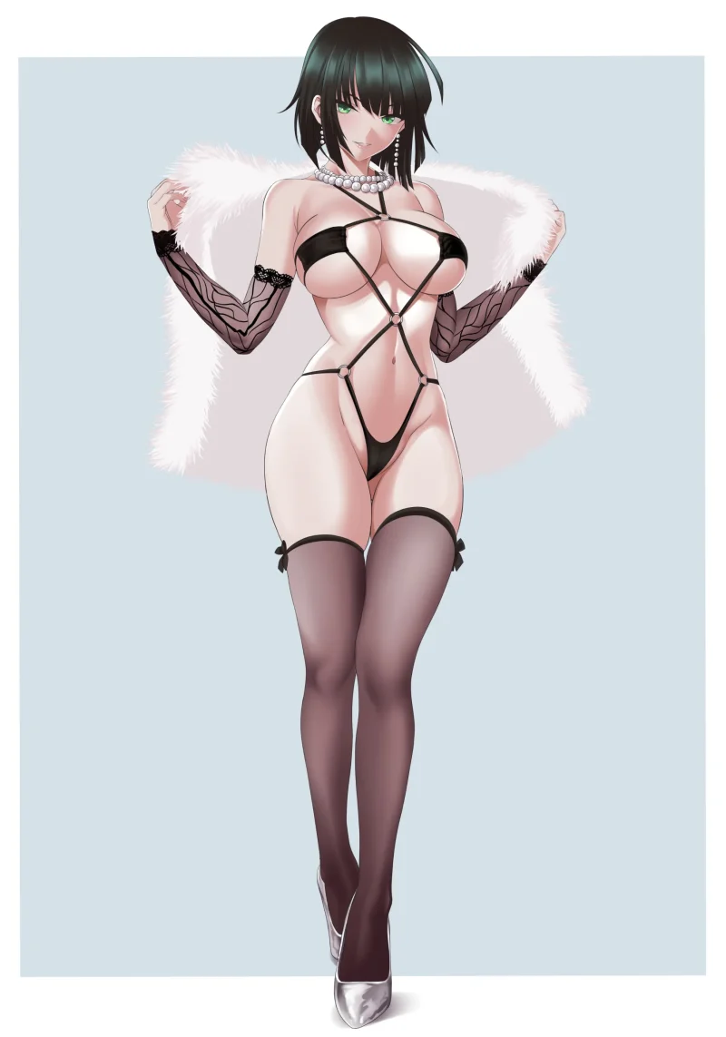 Fubuki in black lingerie with fur coat, One Punch Man