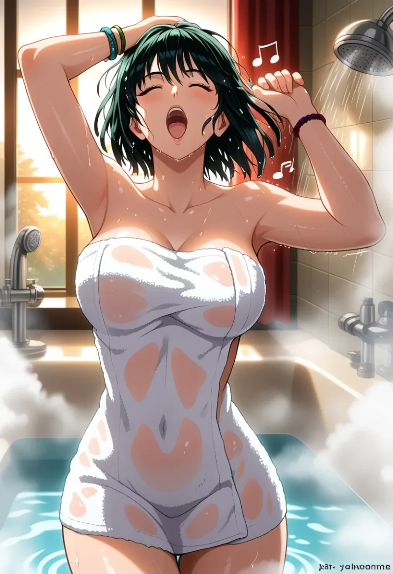 Fubuki in the shower with wet towel, mouth open screaming