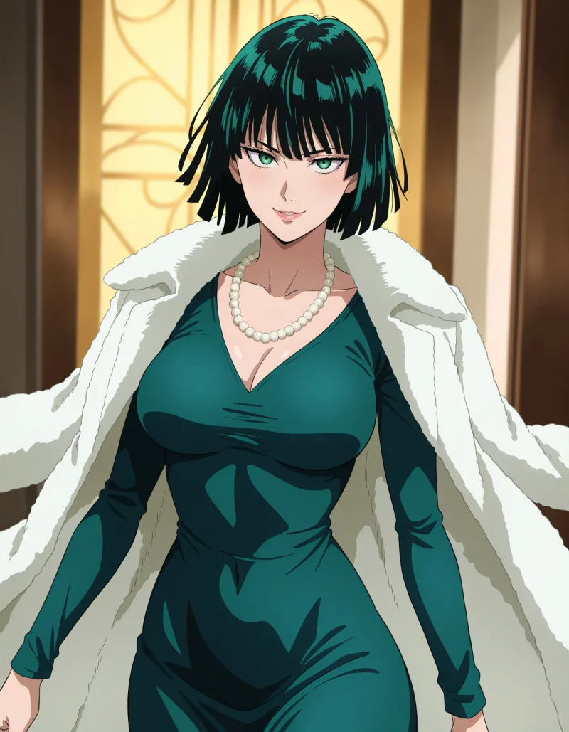 Fubuki in a tight green dress with fur coat, One Punch Man