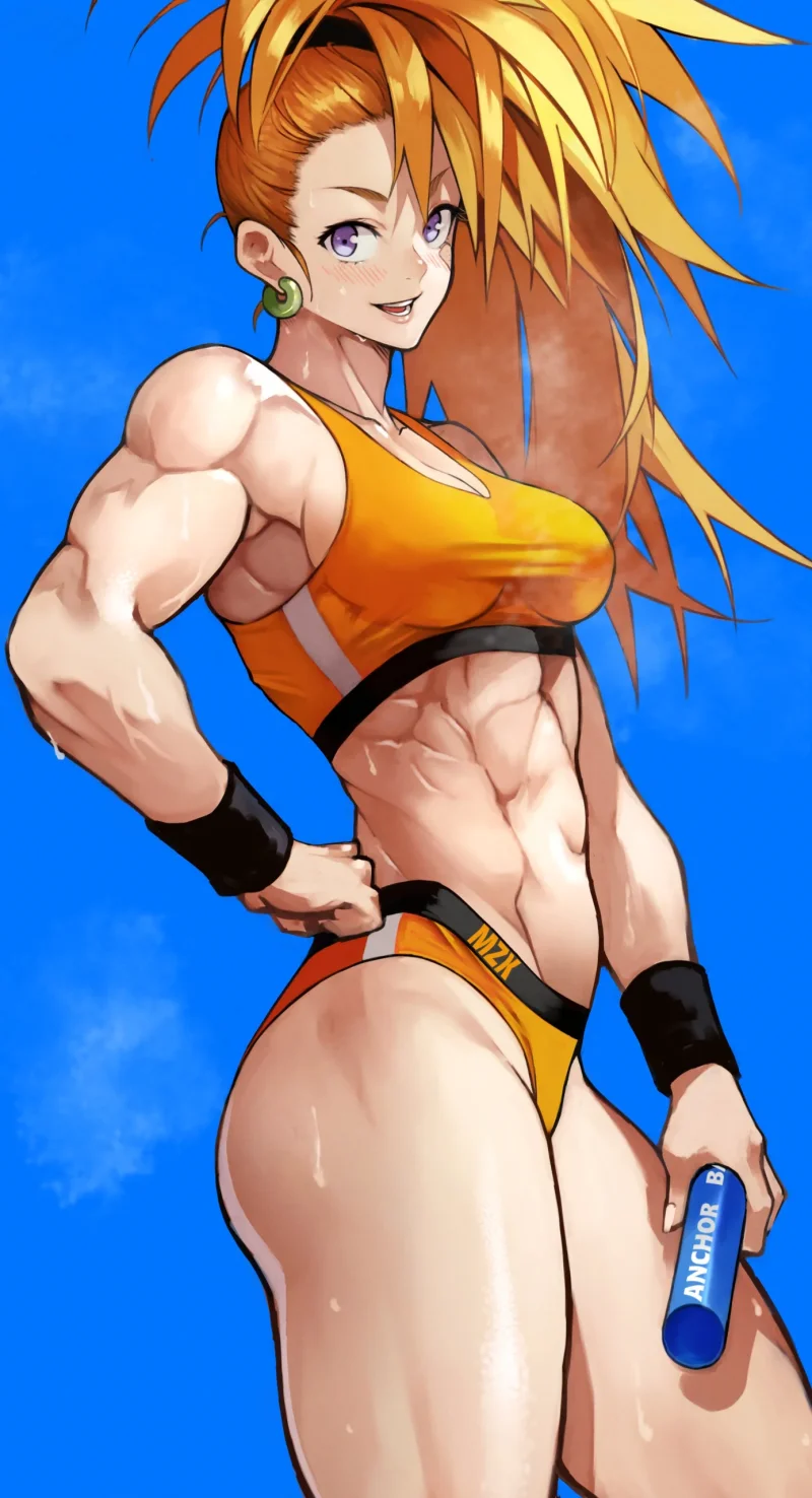 Captain Mizuki in orange bikini holding a blue dildo, flexing her muscles
