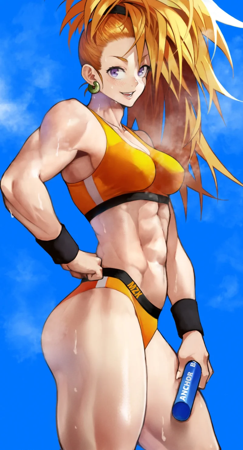 Captain Mizuki from One Punch Man flexing in orange bikini holding a bottle