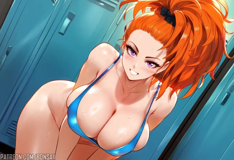 Captain Mizuki in blue bikini bending over with big tits out, One Punch Man