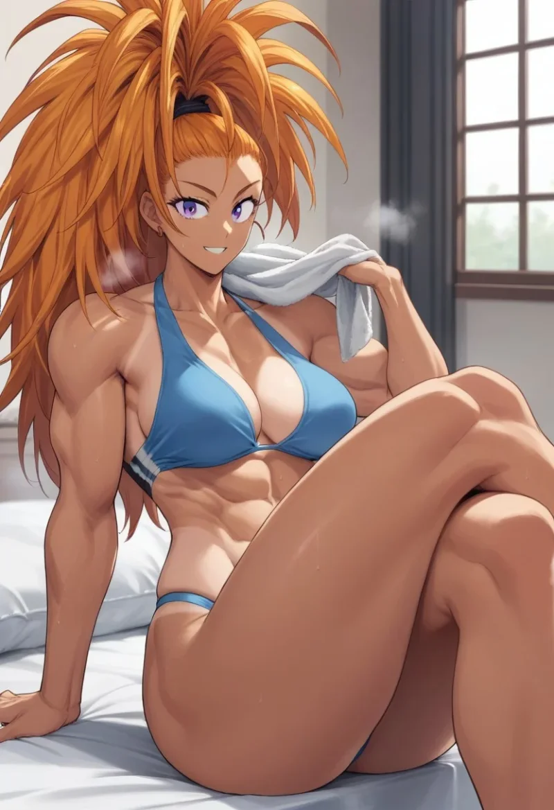 Captain Mizuki in blue bikini posing on bed with towel, One Punch Man