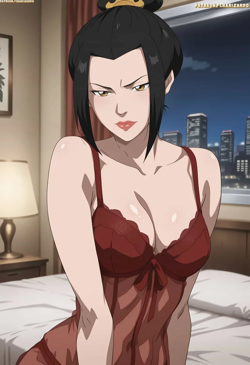 Azula in red lingerie kneeling on bed with big tits out