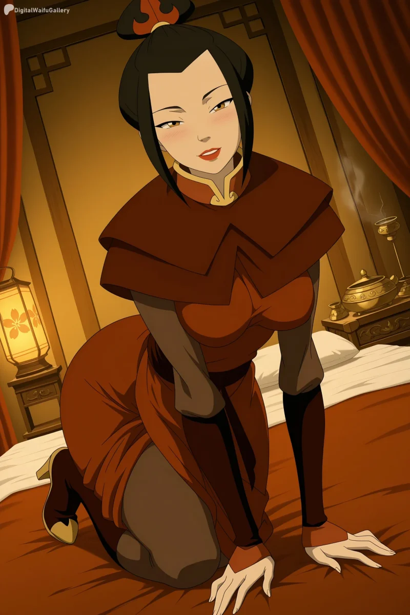 Azula on her knees in her Fire Nation dress, Avatar watching