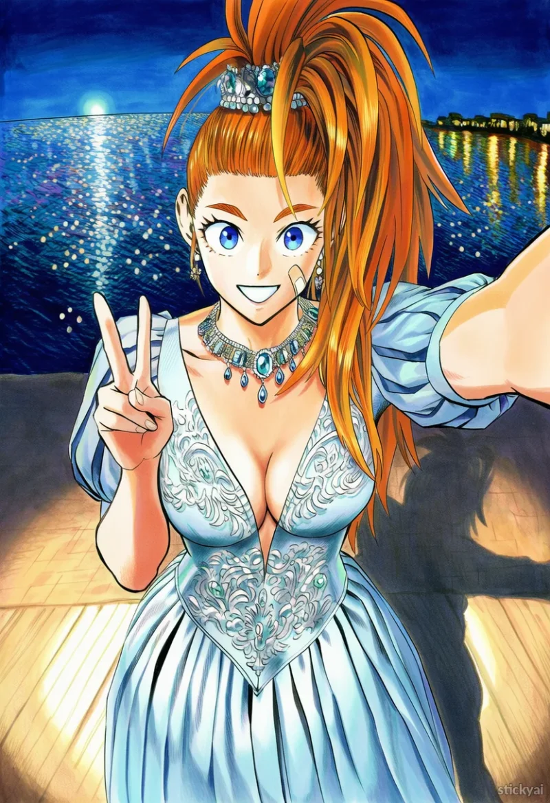 Captain Mizuki in a blue dress flashing peace sign at night