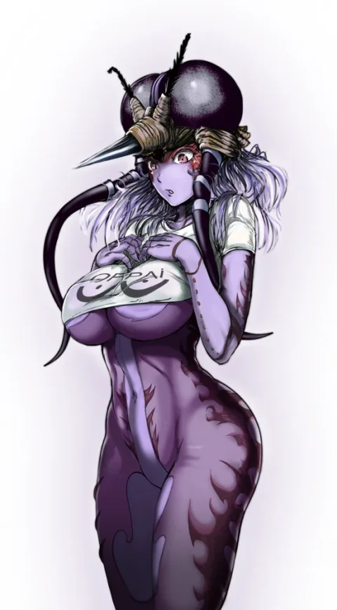 Mosquito Girl from One Punch Man in a tight white shirt with big tits