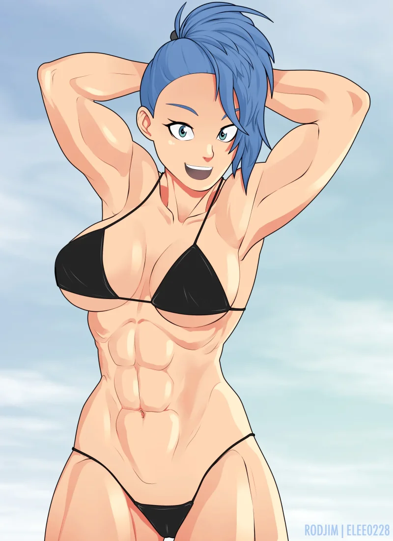 Captain Mizuki in black bikini flexing her abs, hentai style