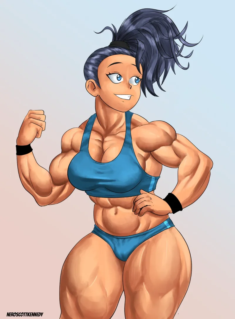 Porn: Captain Mizuki flexing her muscles in a blue sports bra and thong, One Punch Man