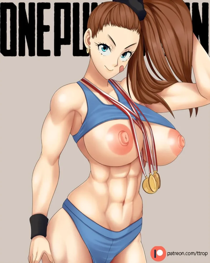 Captain Mizuki in blue bikini flexing her big tits with medals One Punch Man
