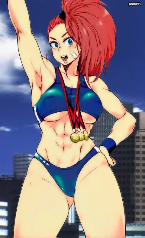 Anime: Captain Mizuki from One Punch Man posing in blue bikini with medals