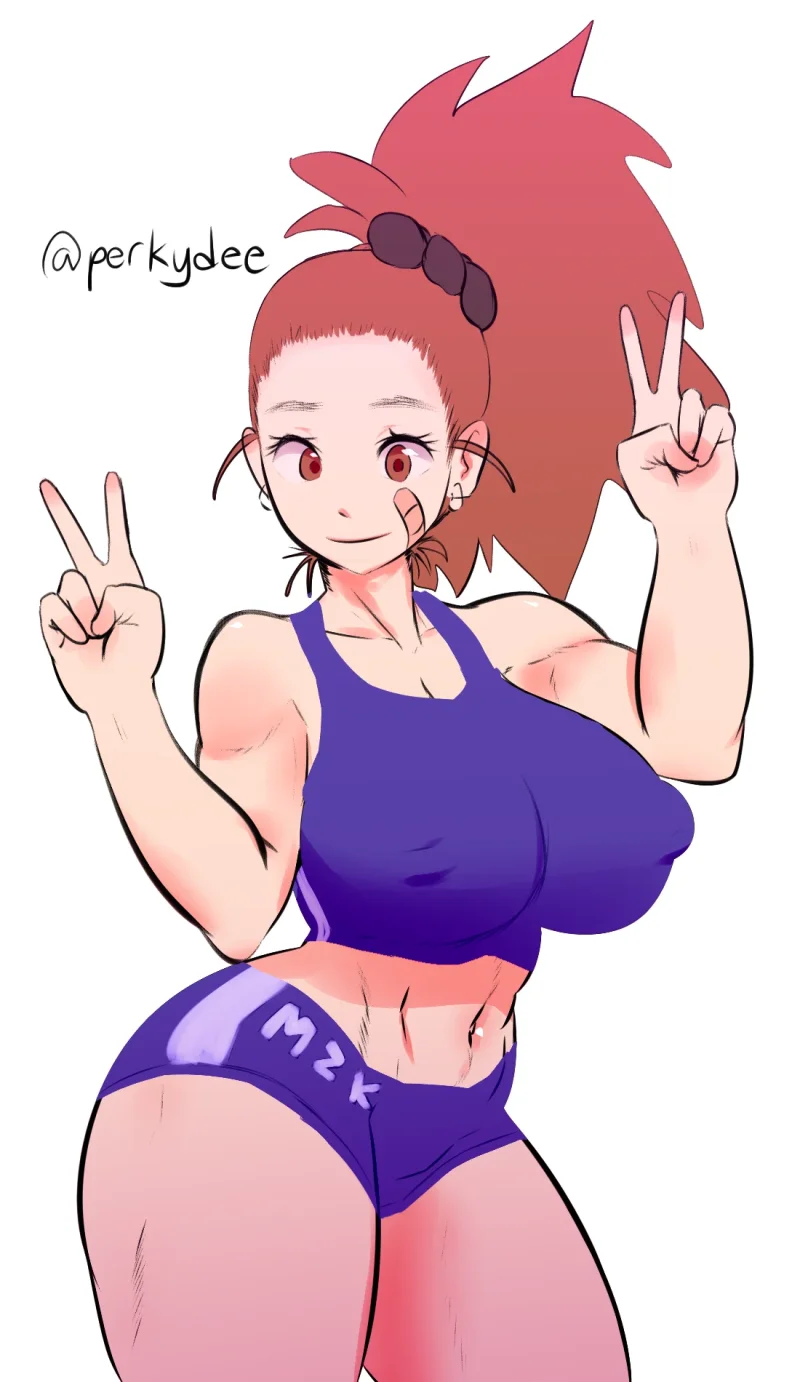 Captain Mizuki from One Punch Man flashing peace signs in purple sports bra and shorts