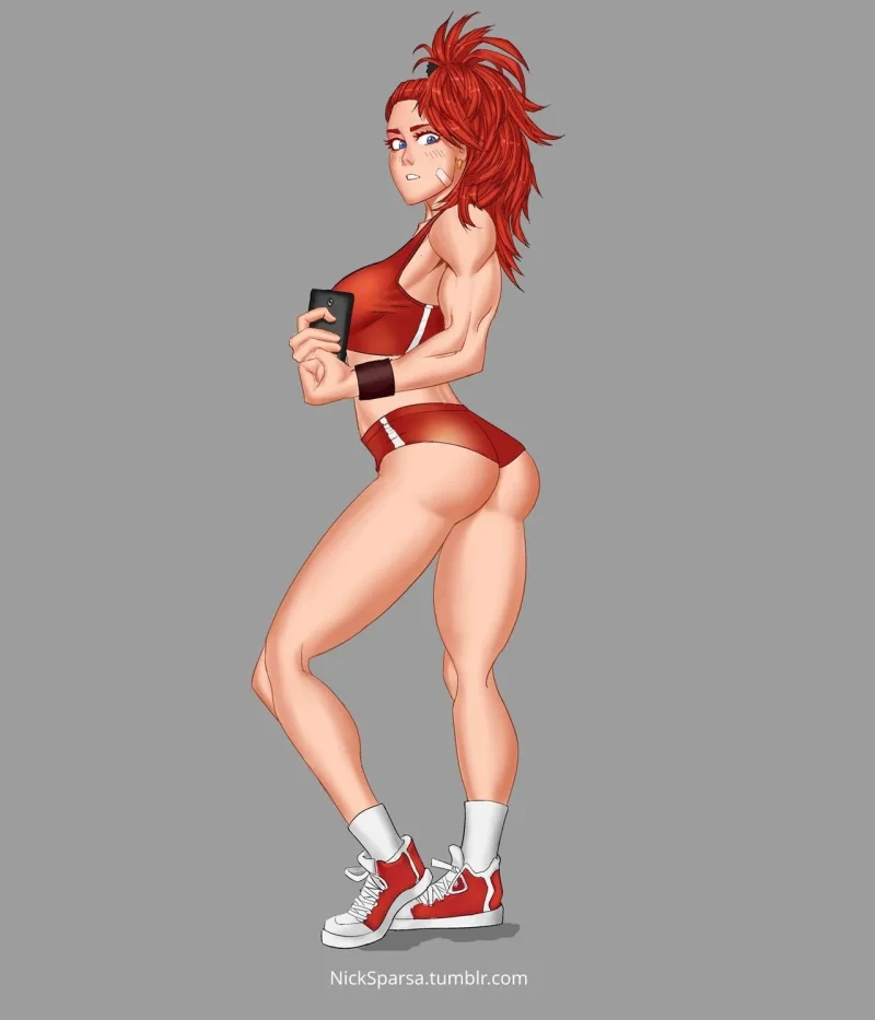 Captain Mizuki in red sports bra and shorts holding phone, One Punch Man