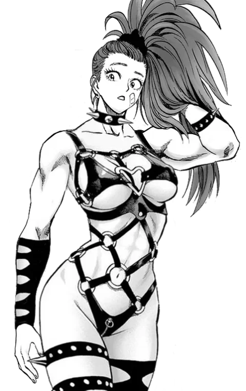 Captain Mizuki from One Punch Man in a black leather harness posing