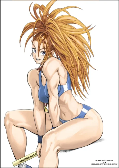 Captain Mizuki in blue bikini squatting with a baton, One Punch Man