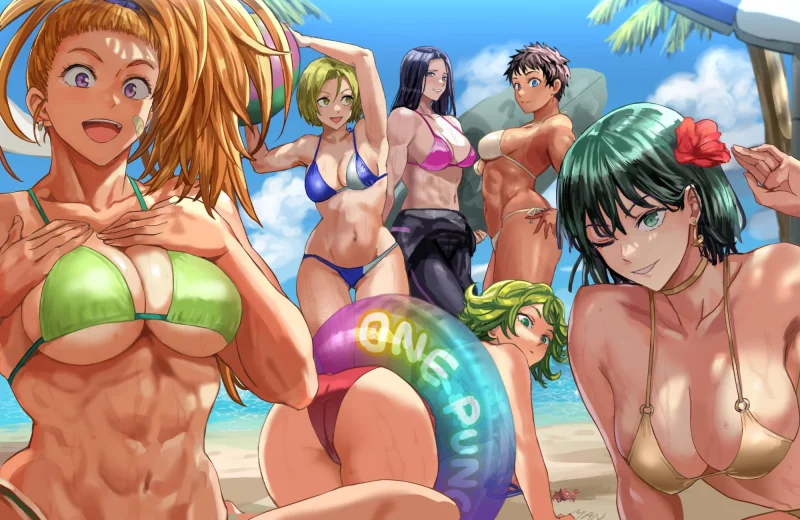 Captain Mizuki in gold bikini posing on beach with One Punch Man crew