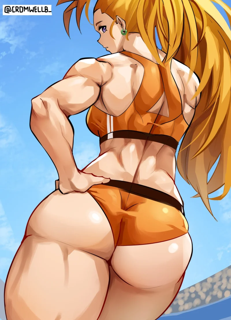 Captain Mizuki from One Punch Man flexing her big ass in orange shorts