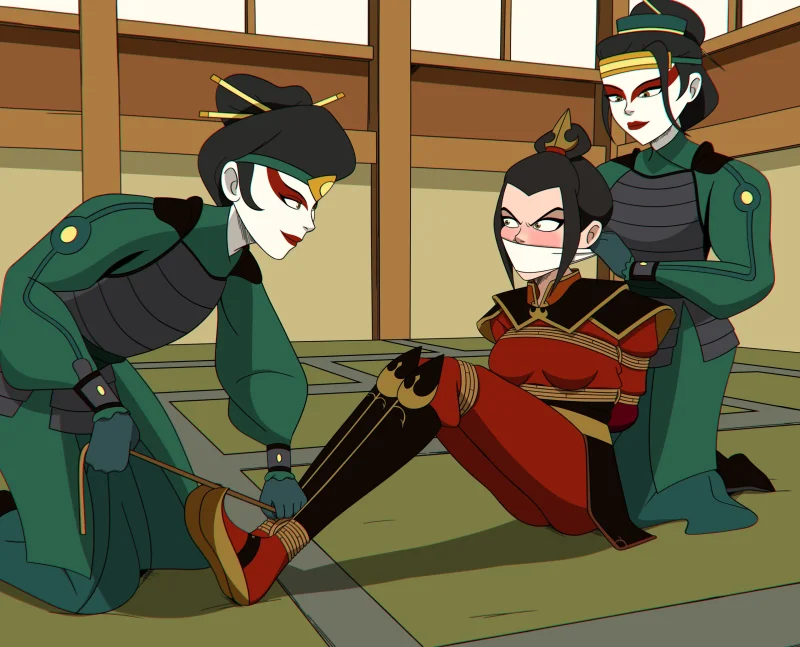 Azula tied up and gagged while two girls in green kneel beside her