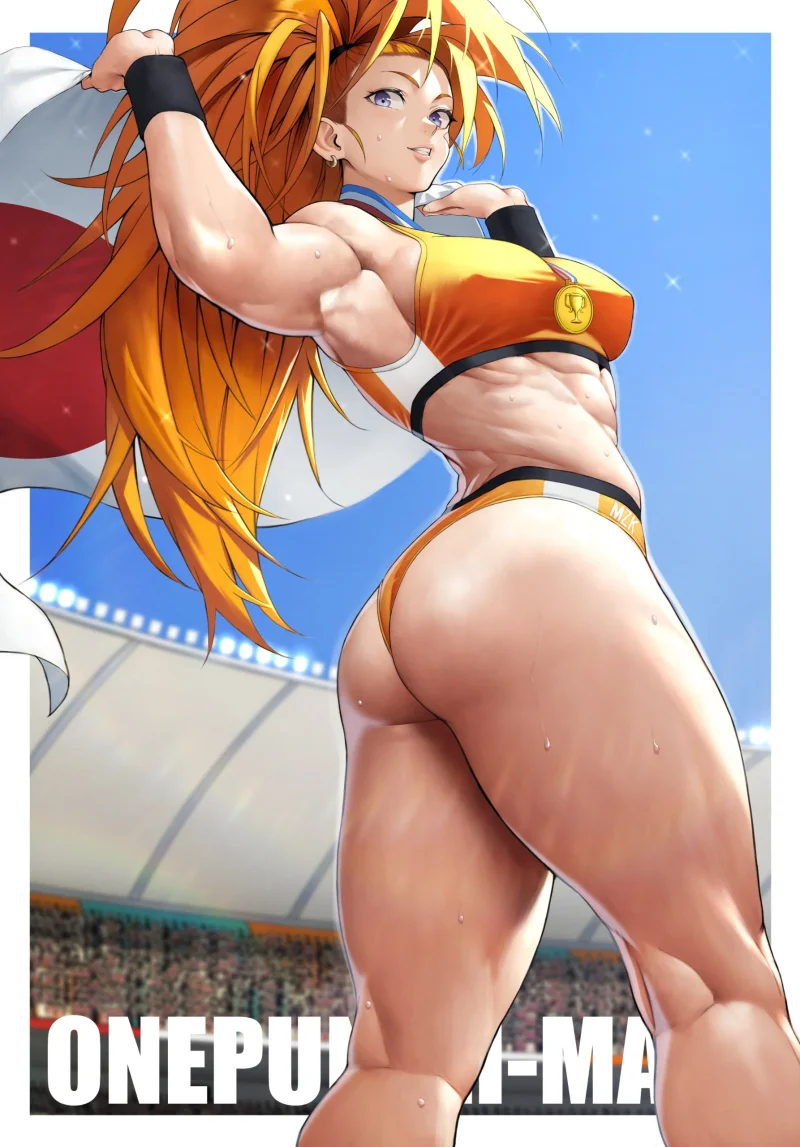 Anime: Captain Mizuki from One Punch Man flexing her big ass in a bikini on stadium stage